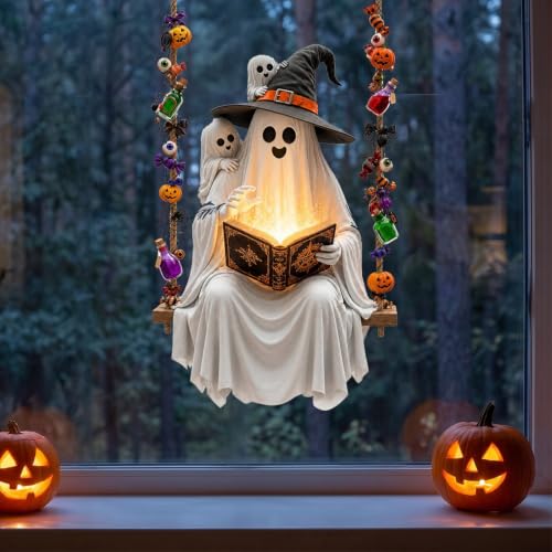 Halloween Ghost Window Clings - Spooky Reading Book Swing Design for Holiday Decoration - Variation 1280