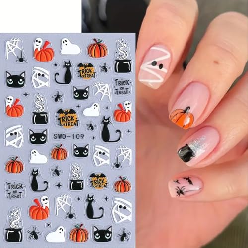 Halloween Nail Art Stickers Decals 3D Ghost Black Cat Pumpkin Spider Web - Style1