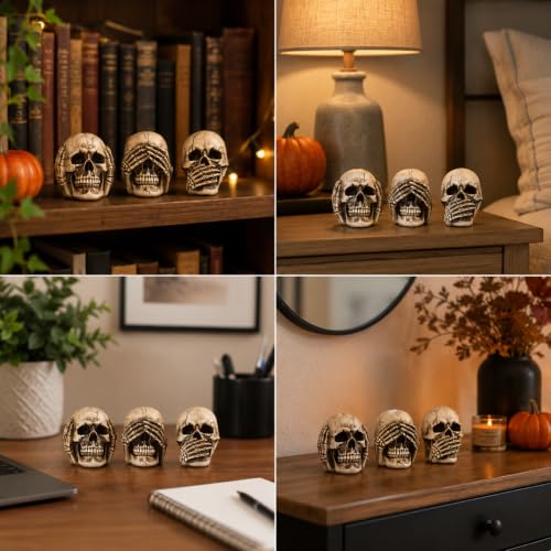 3-Piece Gothic Skull Statues Set - Hear See Speak No Evil Figurines