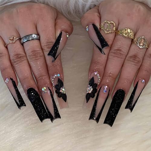 Press On Nails Long Square False Nails Black French with Rhinestones - Variation 89-20Black