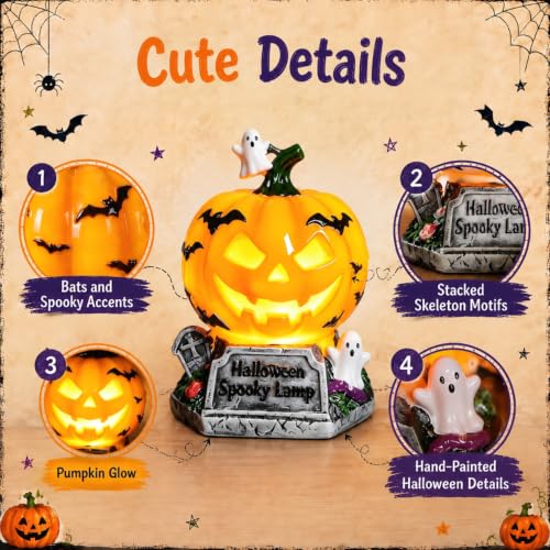 Halloween Pumpkin Lantern - Stained Glass Ghost & Bat Design - USB Powered - Pumpkin Tombstone Variation