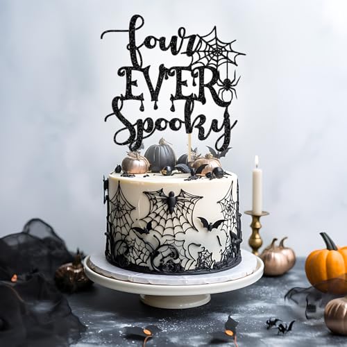 Halloween Spooky Cake Topper - Black Glitter 4th Birthday Decoration