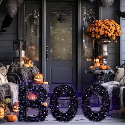 Outdoor Halloween Boo Sign Set with Purple LED Lights - Black & Purple, 3 Pieces