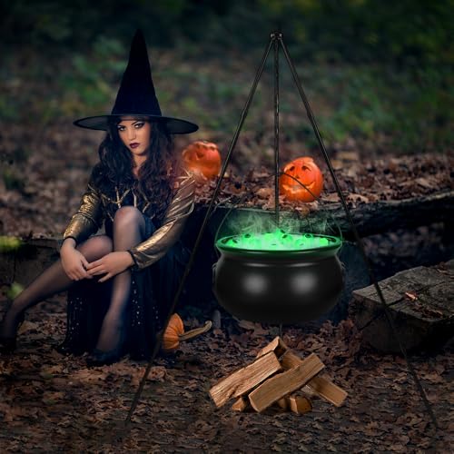 Outdoor Halloween Witch Cauldron with Tripod and Glowing Eyeballs - Spooky Yard Decor