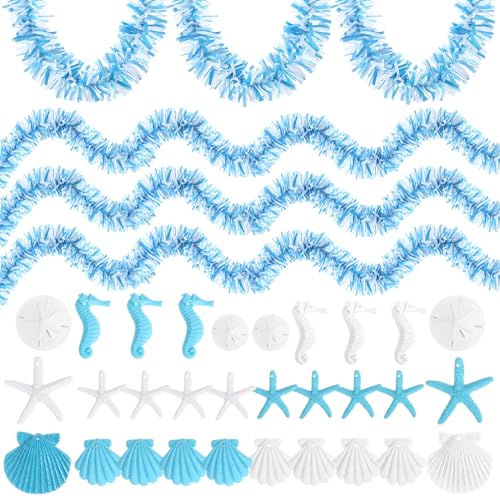 Ocean Themed Party Decorations Set - 30 Resin Sea Ornaments & 40ft Tinsel Garland