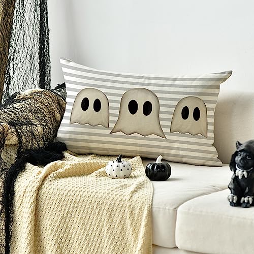 Grey Halloween Ghost Throw Pillow Cover 12x20 Inch Spooky Cushion Case for Sofa Couch