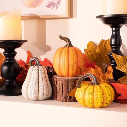 Medium Fall Pumpkin Decorations Set - Cracked Resin Pumpkins for Autumn & Thanksgiving Home Decor