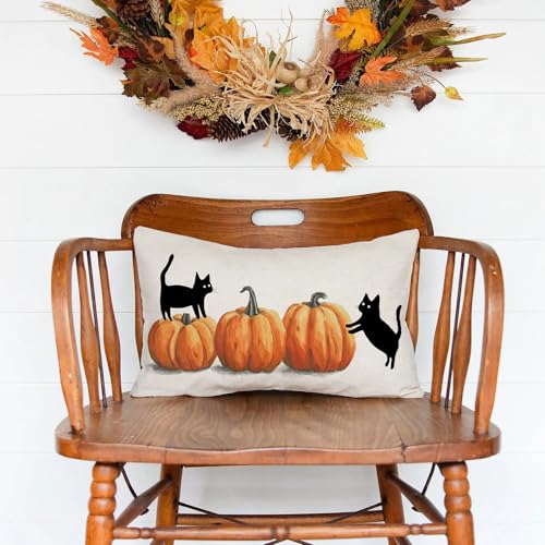 Halloween Pillow Cover 12x20 with Pumpkins & Black Cats - Dogs Variation