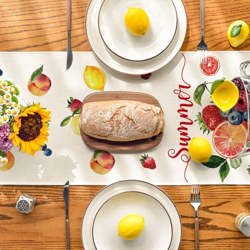 Seasonal Table Runner 13x90 Inch - Beige & Pink Fruits Pattern for Dining & Home Decor