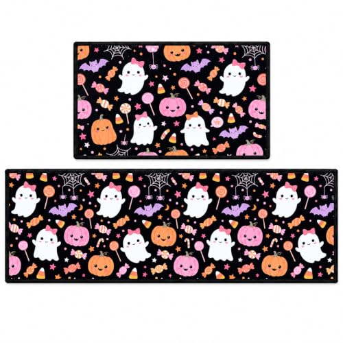 Pink Halloween Kitchen Mat Set of 2 Non Slip Ghost & Candy Rugs - Pink Ghost Candy