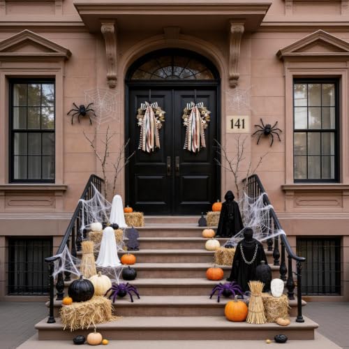 Striped Halloween Black Bow for Fall Wreaths Front Door Decor - Orange & Beige