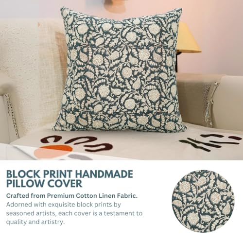 24x24 Inch Handmade Block Print Cotton Linen Throw Pillow Cover - Dark Blue