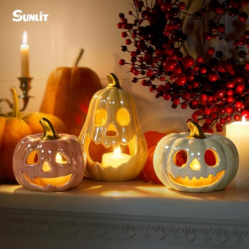 Sunlit Ceramic Pumpkin Candle Holder Set of 3 with LED Tea Lights - Colorful Halloween Decor