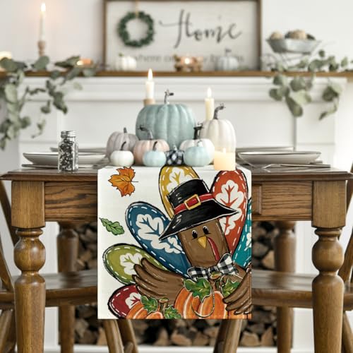 Pumpkins Turkey Thanksgiving Table Runner 13 x 108 Inch Fall Autumn Kitchen Decor - Beige