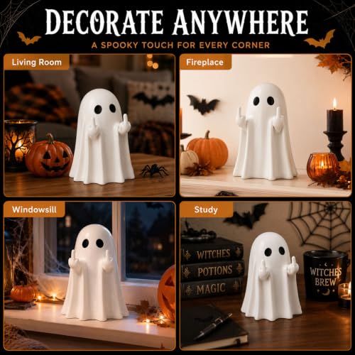 Halloween Ghost Figurines Set - White Indoor Decor with Humorous Middle Finger Design - 2 Pcs