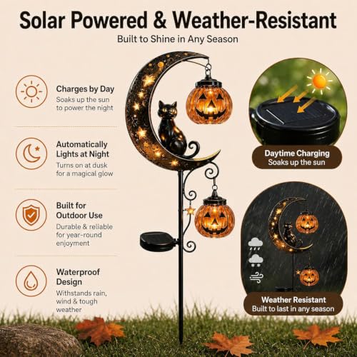 Solar Halloween Garden Stake Light with Black Cat & Pumpkin Moon - Style A