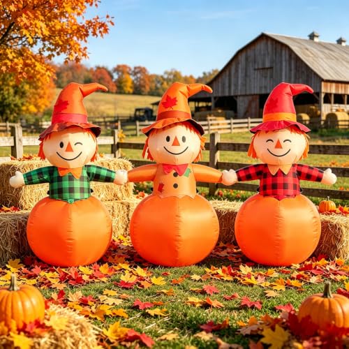 3-Piece Inflatable Outdoor Scarecrow & Pumpkin Halloween Yard Decoration with Lights - Fall Lawn Decor