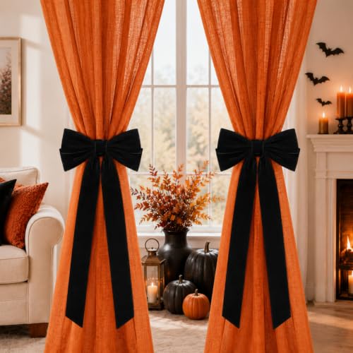 Halloween Black Velvet Bow Curtain Tie Backs - 19.7x15.7 Inches, Set of 2