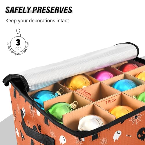 Halloween Ghost Pumpkin Ornament Storage Box with Zipper & Adjustable Dividers - Large 13x13 Inch Holiday Container