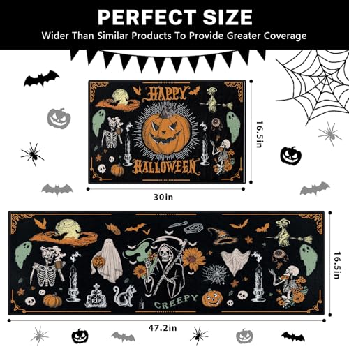 Retro Skeleton Halloween Ghost Kitchen Rugs Set of 2 - Black & White, Non-Slip, Easy Clean