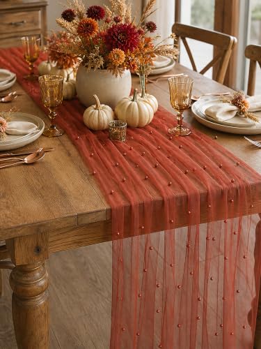 Terracotta Pearl Gauze Table Runner 120 Inch 6PCS for Wedding Party Decor