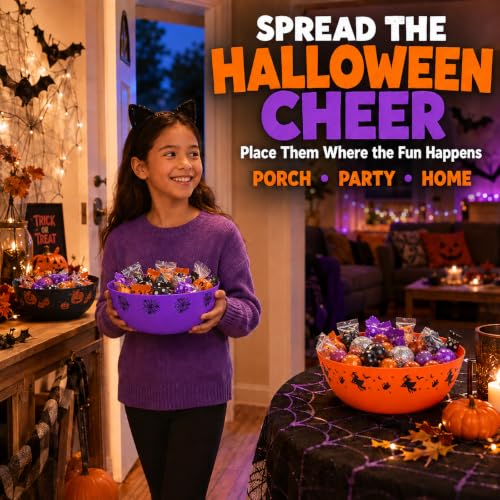 Halloween Candy Bowls Set - Ghost Pumpkin Spider Web Trick or Treat Decor - Black, Orange, Purple