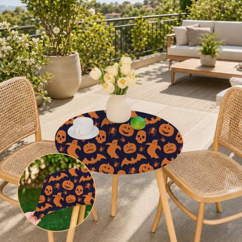 Halloween Black Outdoor Round Fitted Tablecloth 24 Inch with Orange Spider & Bats - Elastic, Washable, Wrinkle-Free