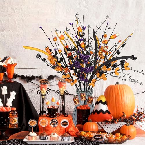 Halloween Floral Picks with Candy and Berries - Purple, Orange, Black - 6 Pack