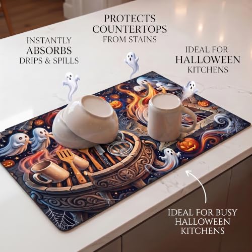 Halloween Ghost Pumpkin Dish Drying Mat - 12x20 Spooky Kitchen Decor