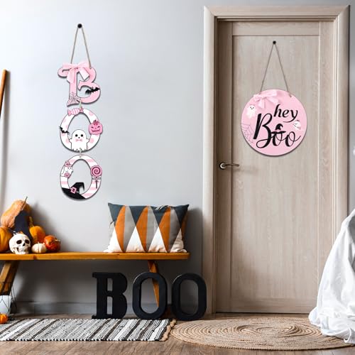 Halloween Pink Boo Door Sign & Wreath Set Wooden Halloween Decorations