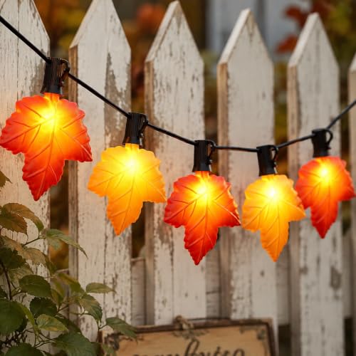 Orange & Yellow Maple Leaf String Lights - 10.5FT Outdoor Fall Decor with 10 LEDs