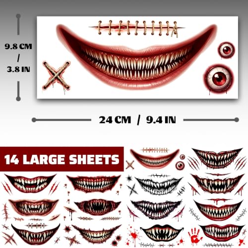 Halloween Face Tattoos Big Mouth Set - 14 Sheets Horror Makeup