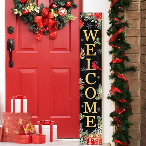 Christmas Welcome Sign for Front Porch Standing - Red Holly Xmas Wooden Sign, Rustic Farmhouse Decor