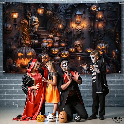 Halloween Backdrop 72x44 Inch - Spooky Haunted Mansion Scene - Orange & Black Variation