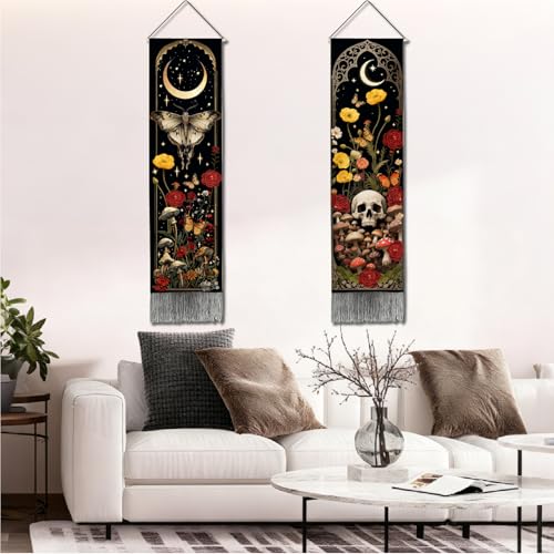 Witchy Gothic Moth Skull Tapestry Wall Hanging - 51x13 Inch, Mysterious Bedroom Decor