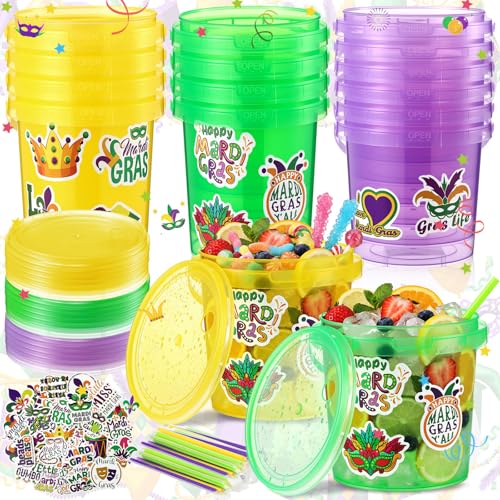 18 Pack 32 oz Mardi Gras Plastic Drink Buckets with Lids & Straws for Parties