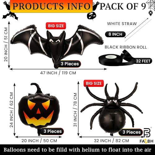 Giant Halloween Balloons Pack of 9 - Black Pumpkins, Bats & Spiders Decoration Set