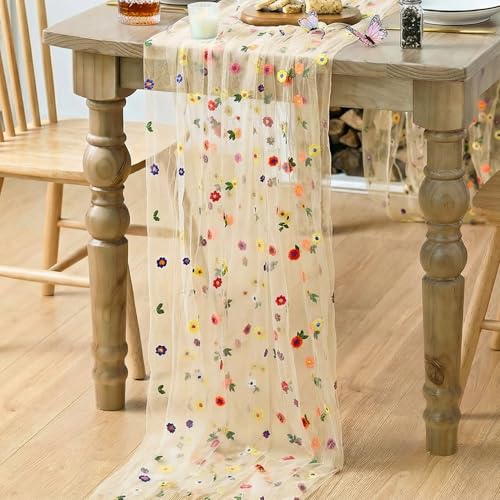 6PCS Champagne Embroidery Daisy Gauze Table Runner 28x120 Inch - Elegant Home Decor