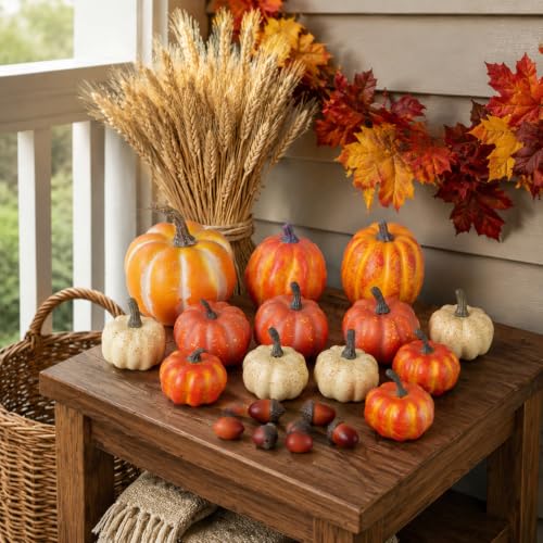 Mini Faux Pumpkins Set for Fall Halloween Thanksgiving Decor - 21 Pcs