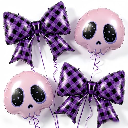 Purple Bow Skull Foil Balloons Party Decorations for Gothic & Halloween Celebrations