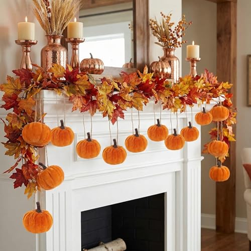 16 PCS Caramel Velvet Pumpkin Ornaments - Mini Hanging Fall Decor