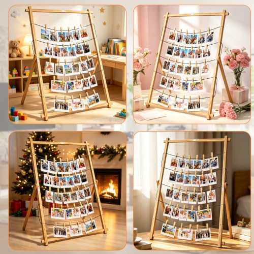 Wood Photo Display Board with Clips - Freestanding Collage Frame for Wedding Graduation Holiday