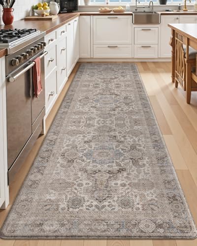 Anti-Fatigue Kitchen Floor Mat 24x87 Inches Cushioned Runner Rug Taupe & Blue