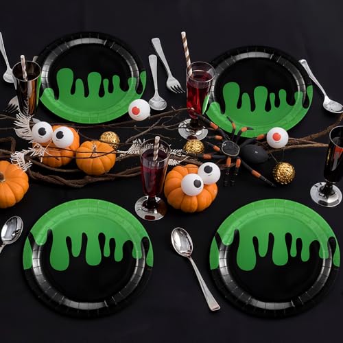 Halloween Ghost Paper Plates Set - Green & Black Party Dinnerware, 48 Pieces