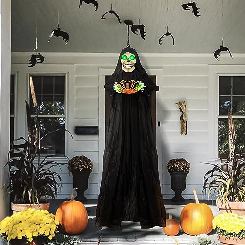 71-Inch Halloween Hanging Skeleton Ghost Decoration with Sound & Glow Eyes