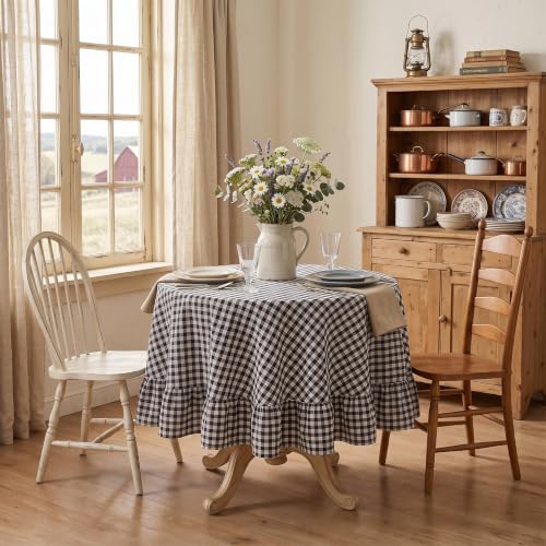 Black Gingham Ruffled Cotton Tablecloth 50 Inch Round - SquarePie