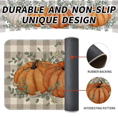 Fall Kitchen Mats Set of 2 - Non Slip Washable Pumpkin Eucalyptus Decor - Yellow Variation