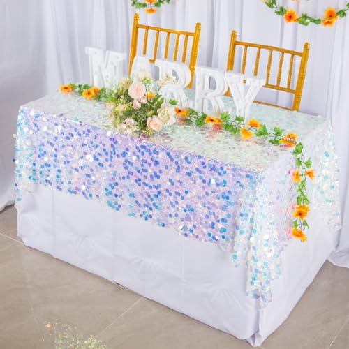 80 x 50 Inch Iridescent Sequin Tablecloth - Rectangular Mermaid Sparkle Cover