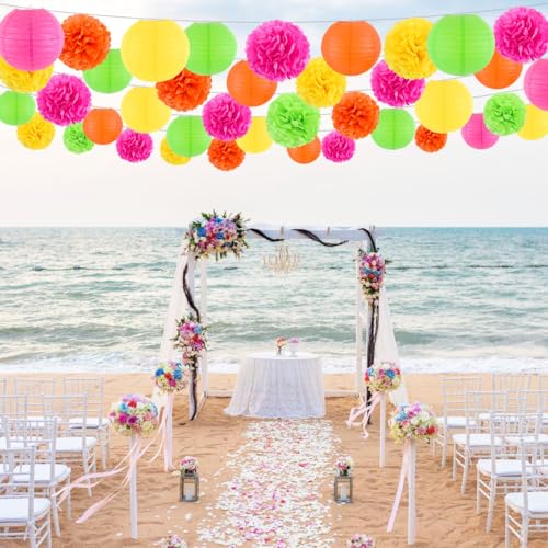 Neon Paper Lanterns and Pom Poms Glow Party Decorations - 15pcs - Neon