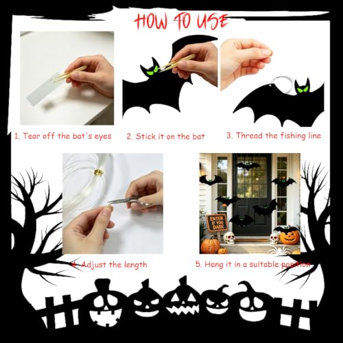 Black Halloween Hanging Bat Decorations - 12 Pcs Realistic Flying Bats with Glowing Eyes